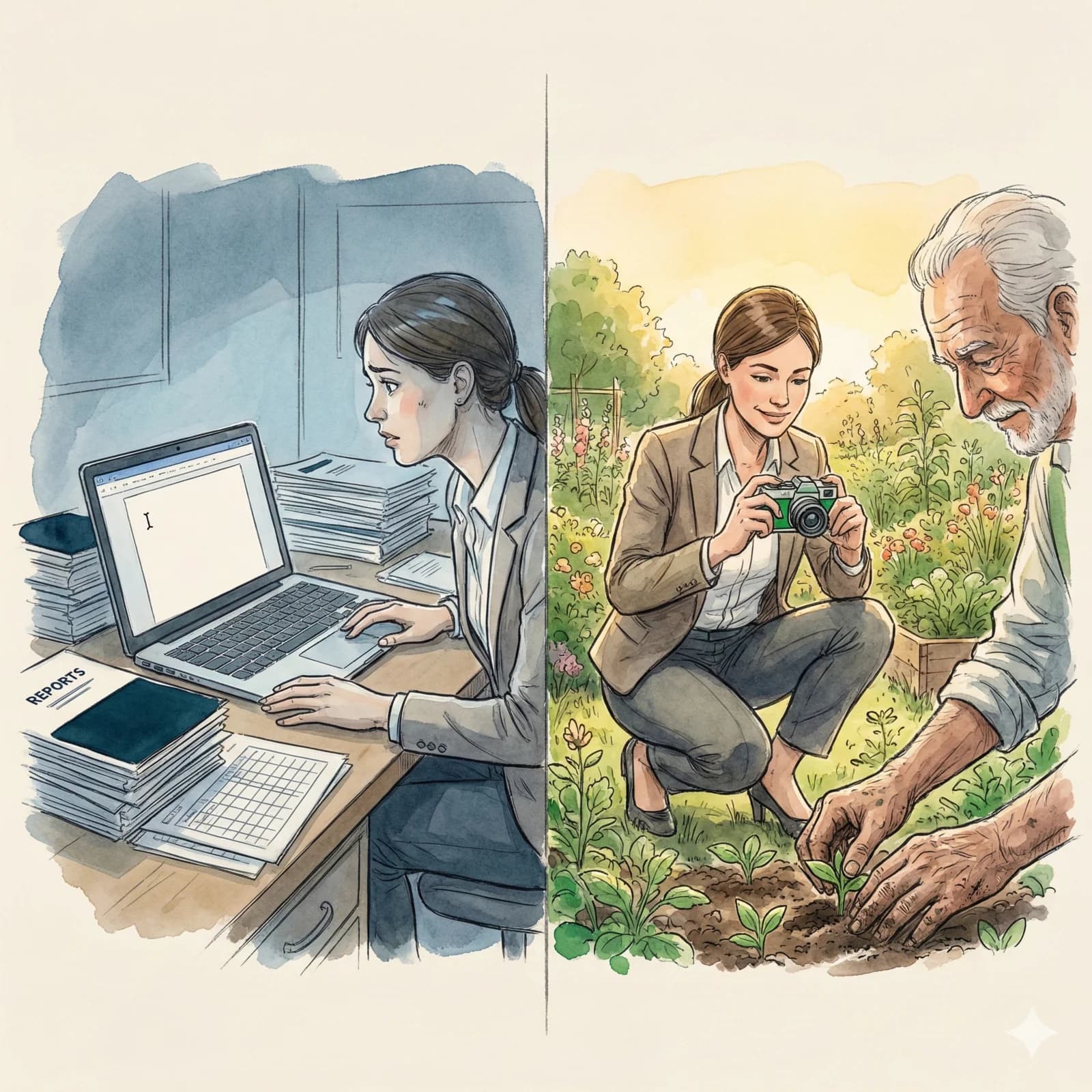 Split illustration — communications director stuck at desk with reports on the left, confidently capturing stories in the field on the right