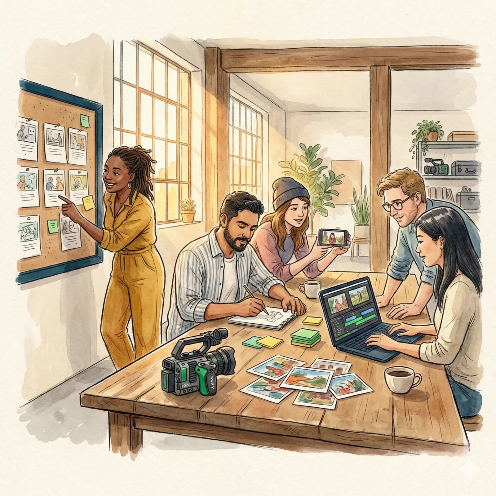 Diverse team collaborating around a table with storyboards, camera gear, and laptops in a bright workshop space