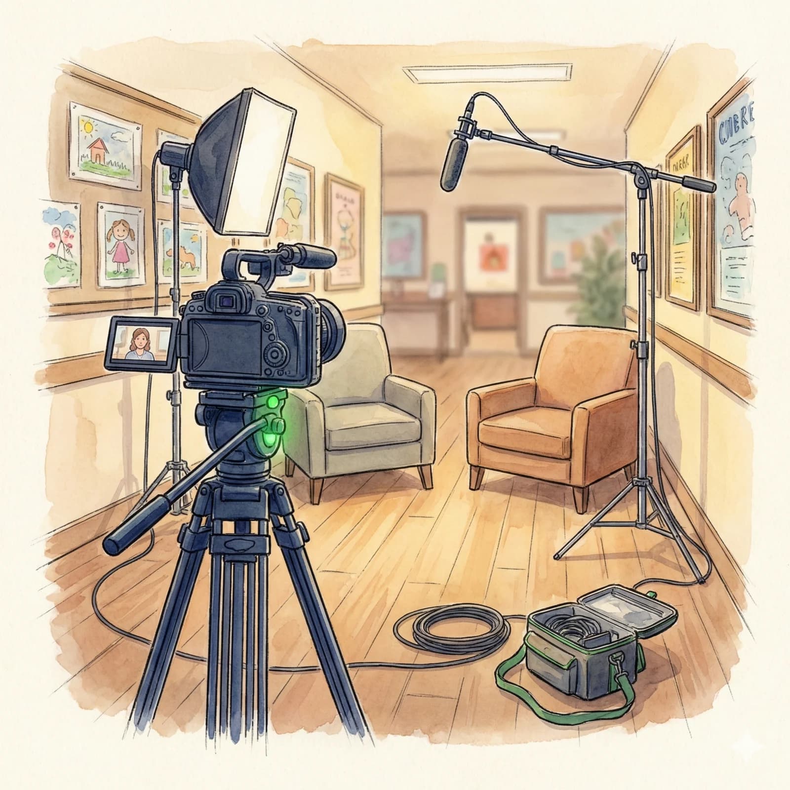 Interview setup with cinema camera, softbox light, and boom microphone in a community center