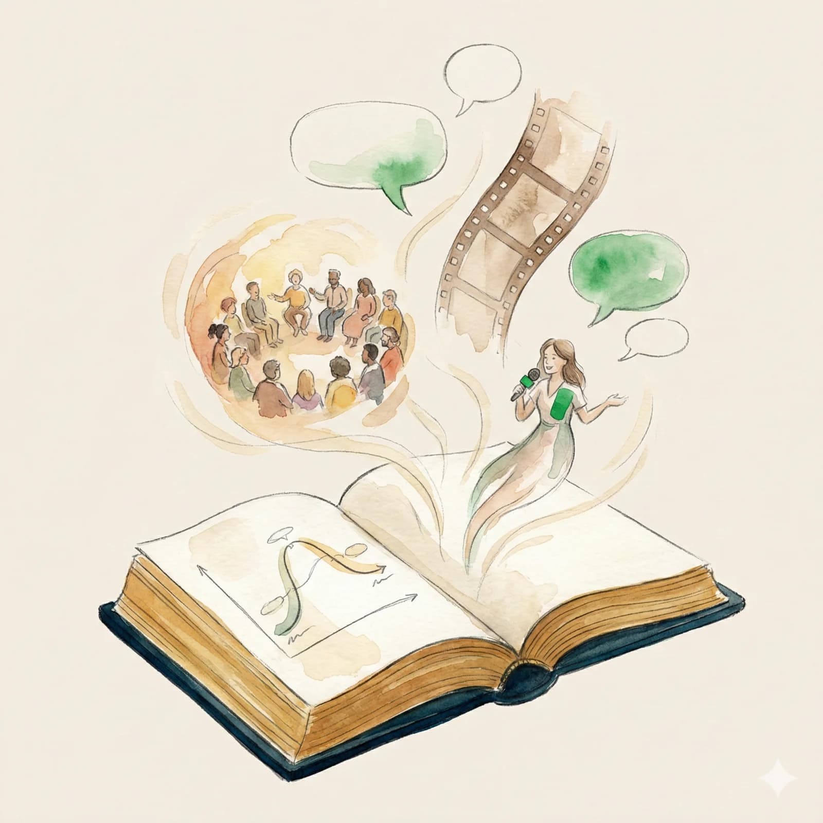 Open book with story elements floating upward — characters, film strip, speech bubbles