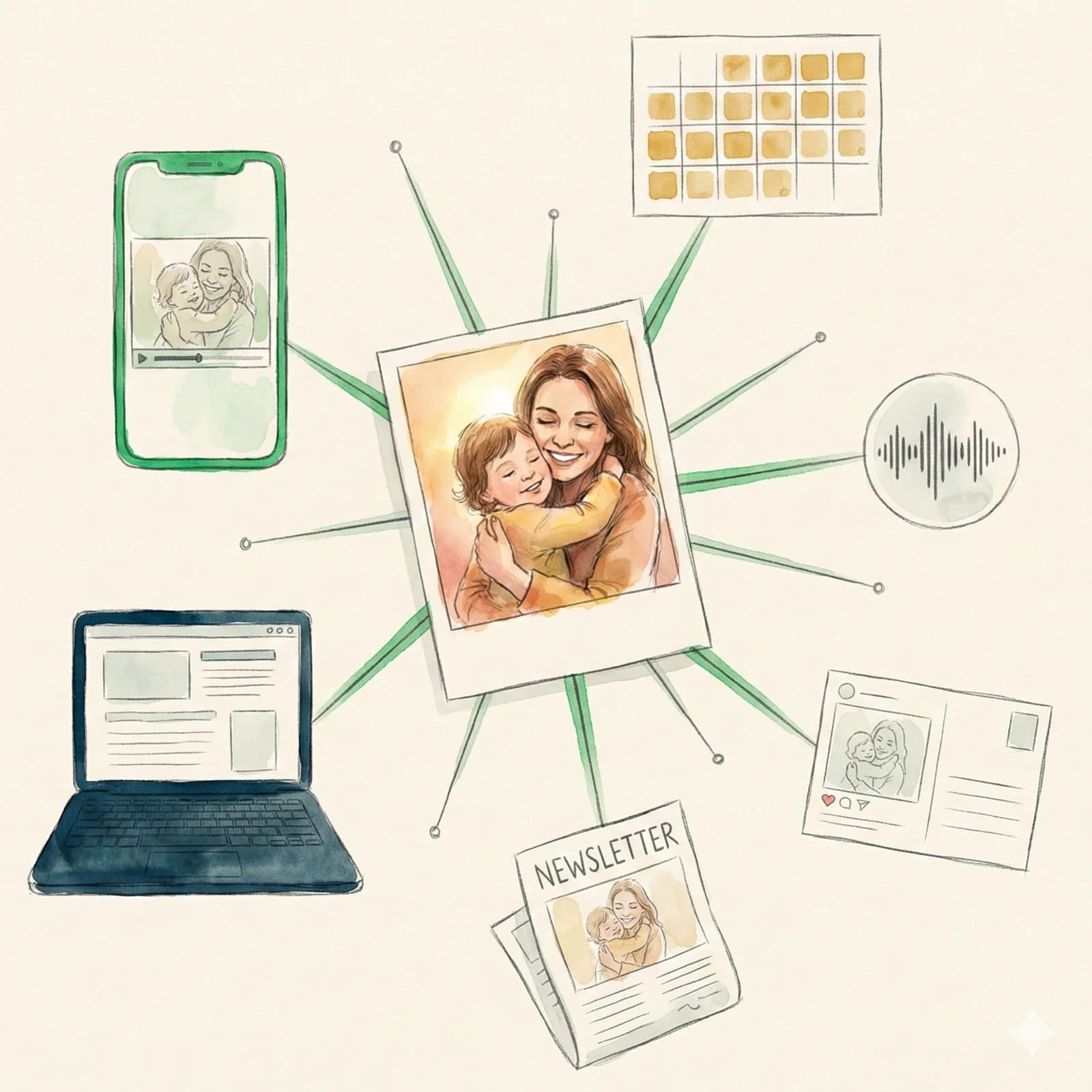 Central photograph radiating outward to phone, laptop, podcast, social media, and newsletter