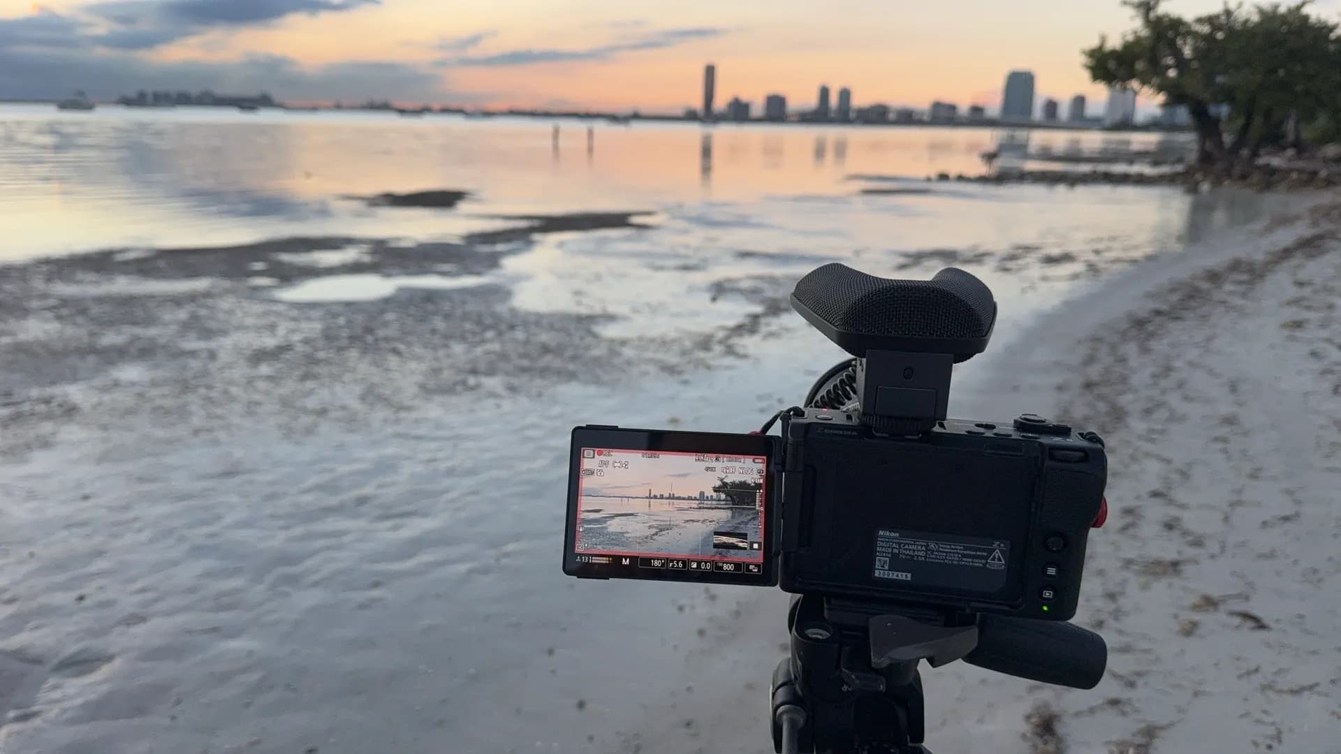 Camera set up on a Miami beach at sunset