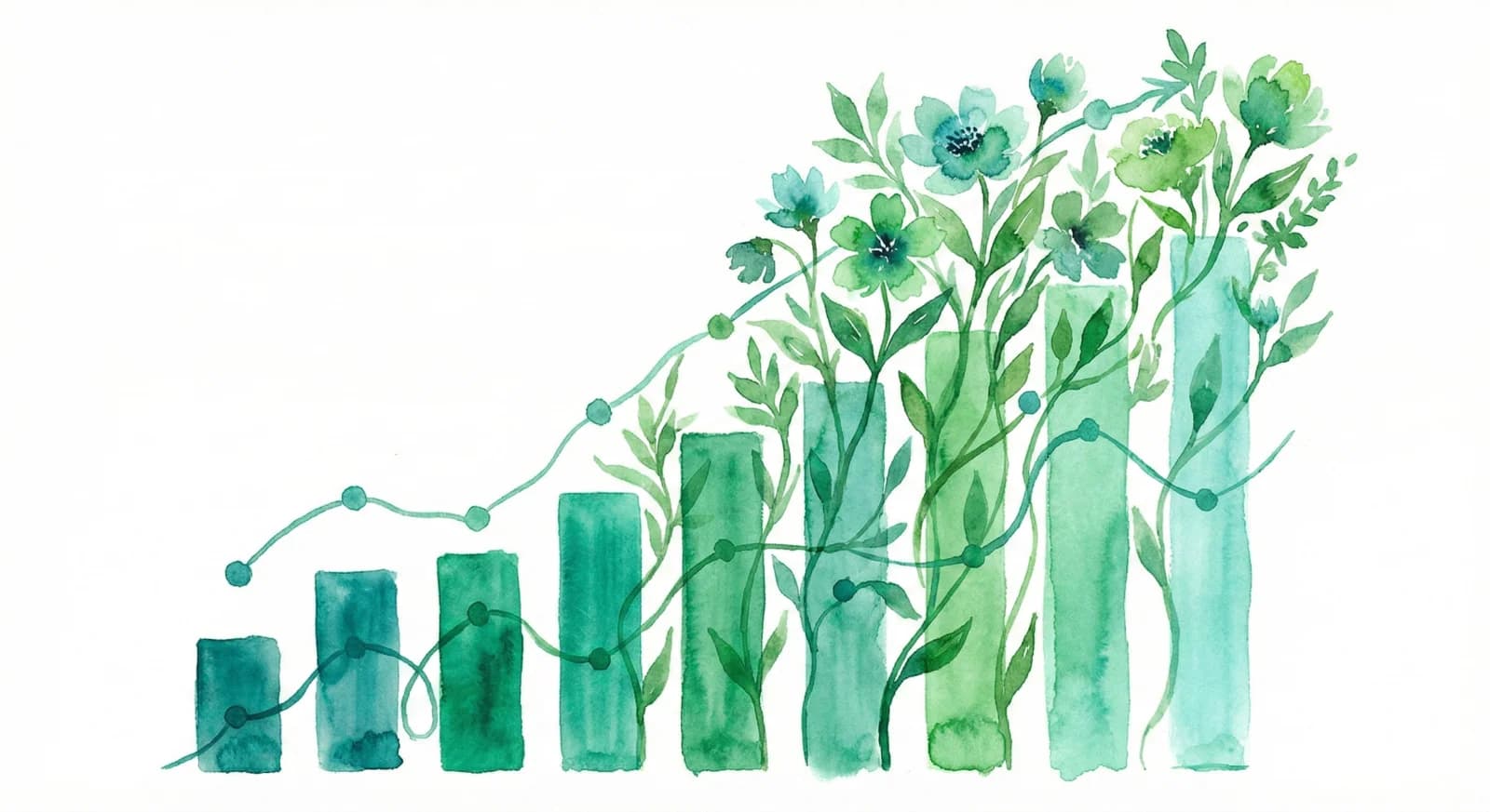 Watercolor illustration of analytics dashboards and impact measurement
