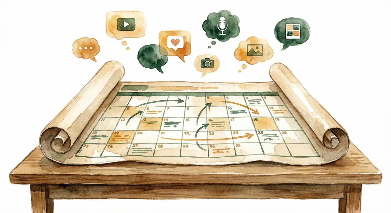 Watercolor illustration of content strategy maps and editorial planning