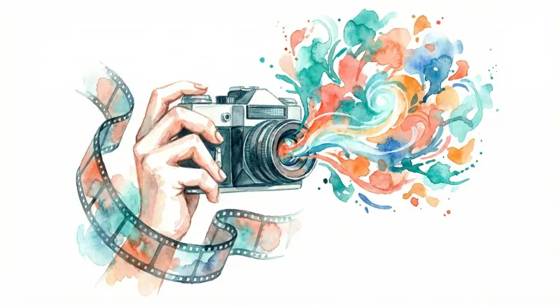 Watercolor illustration of camera and creative visual elements