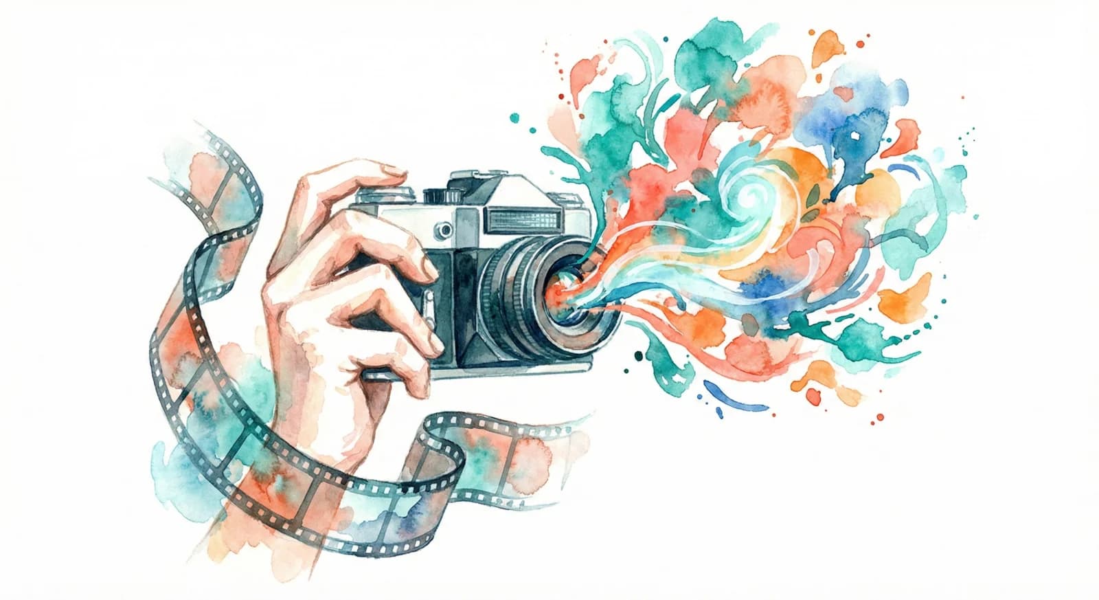 Watercolor illustration of camera and creative visual elements