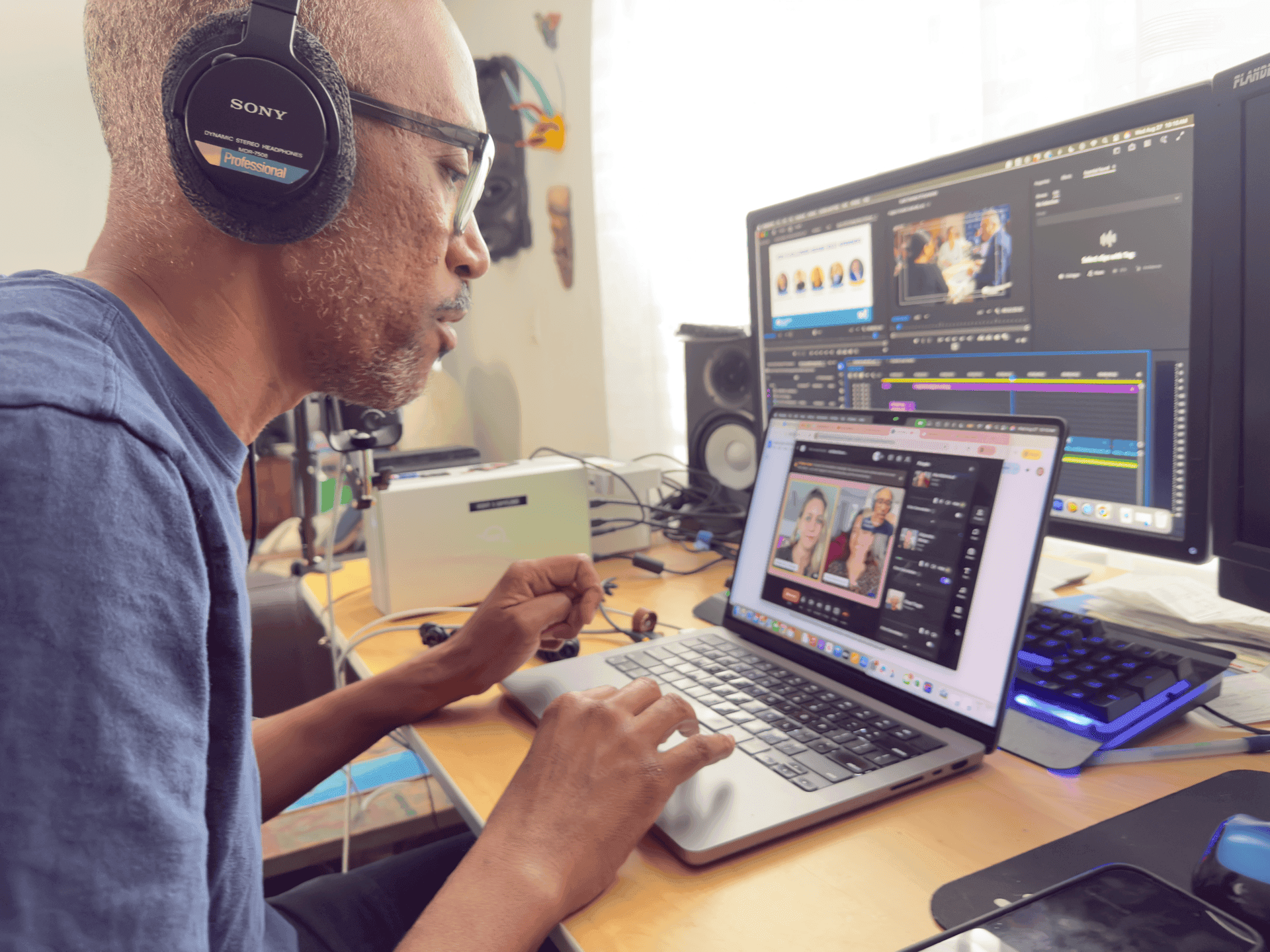 Producer at a recording setup with headphones, microphone, and Riverside open on screen
