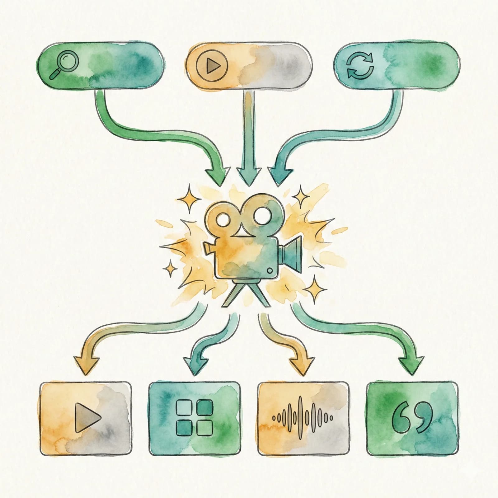 Three content pillars flow into one production — then fan out into multiple asset types