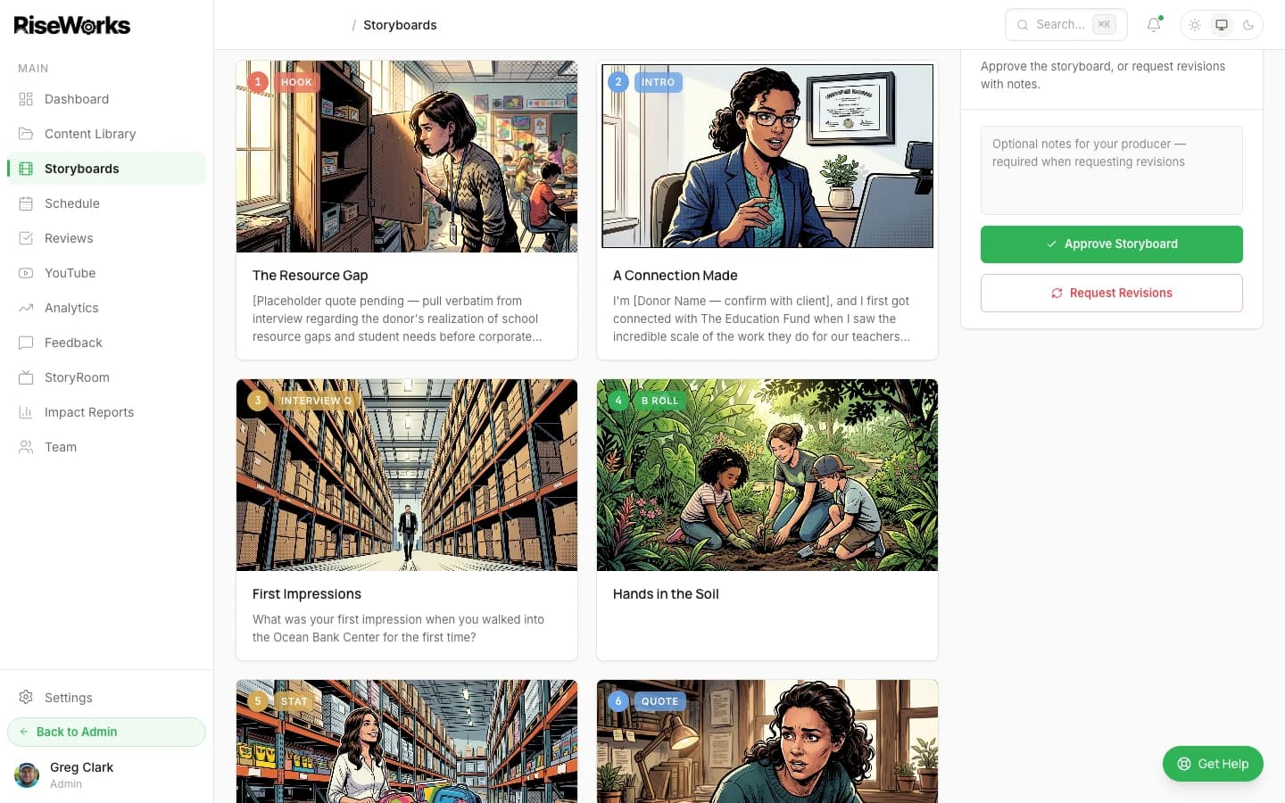 Storyboard wizard showing AI-generated comic-book panels for Friends of The Underline — Atlantica: April Bey spotlight