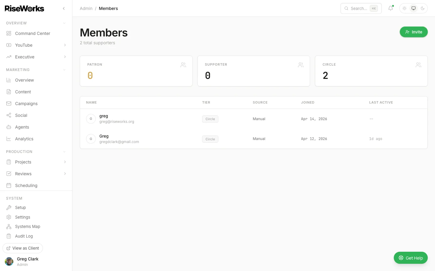 Members admin showing tier breakdown across Patron, Supporter, and Circle columns