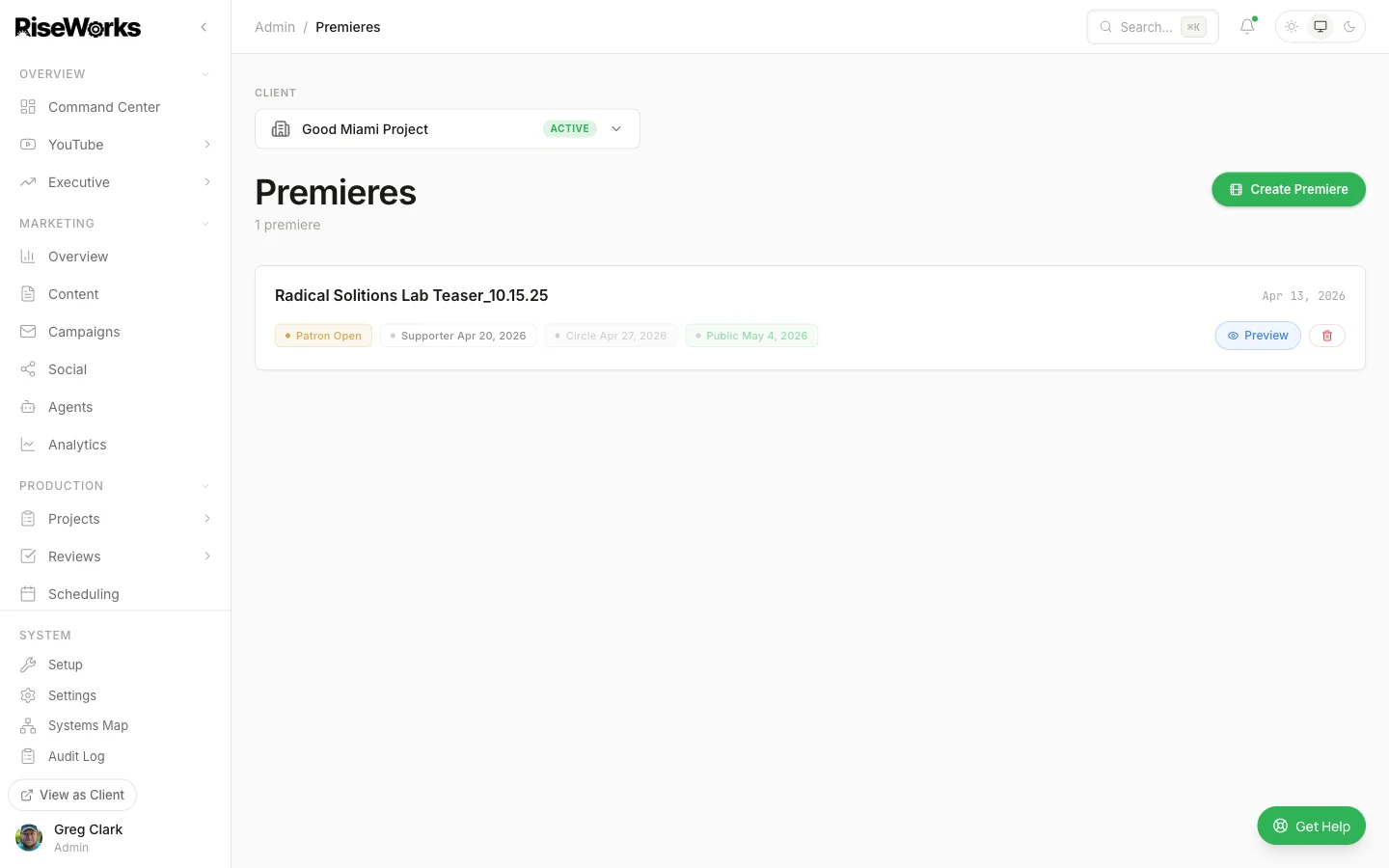 Admin premieres dashboard showing tier windowing — Patron Open, Supporter Apr 20, Circle Apr 27, Public May 4