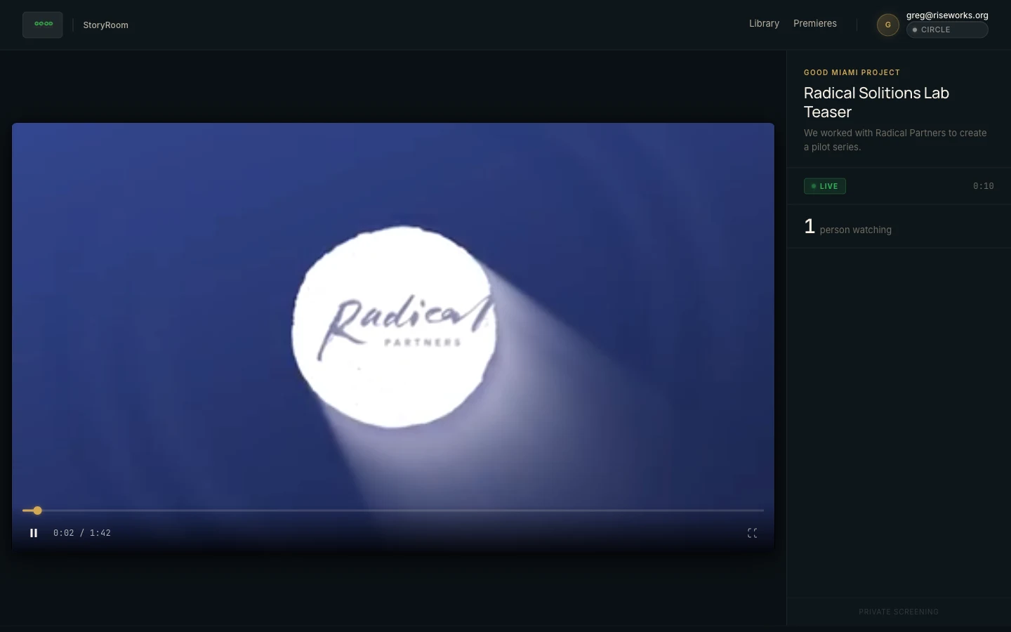 Premiere room — two-person video interview with live chat sidebar and presence indicator