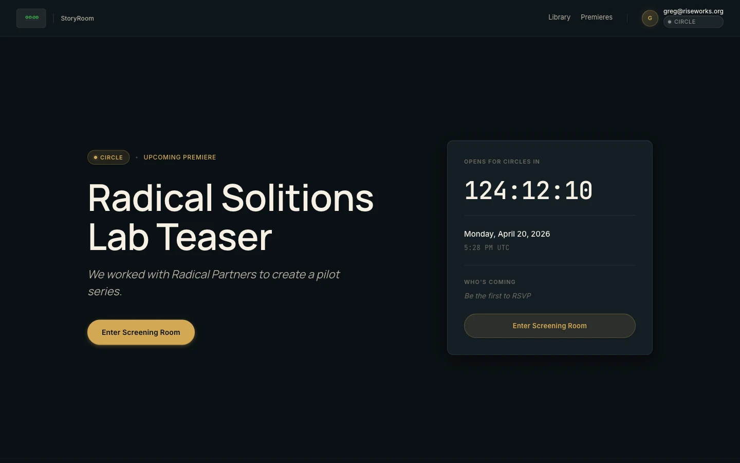 StoryRoom supporter home for Good Miami Project — Radical Solutions Lab Teaser countdown with tier badges