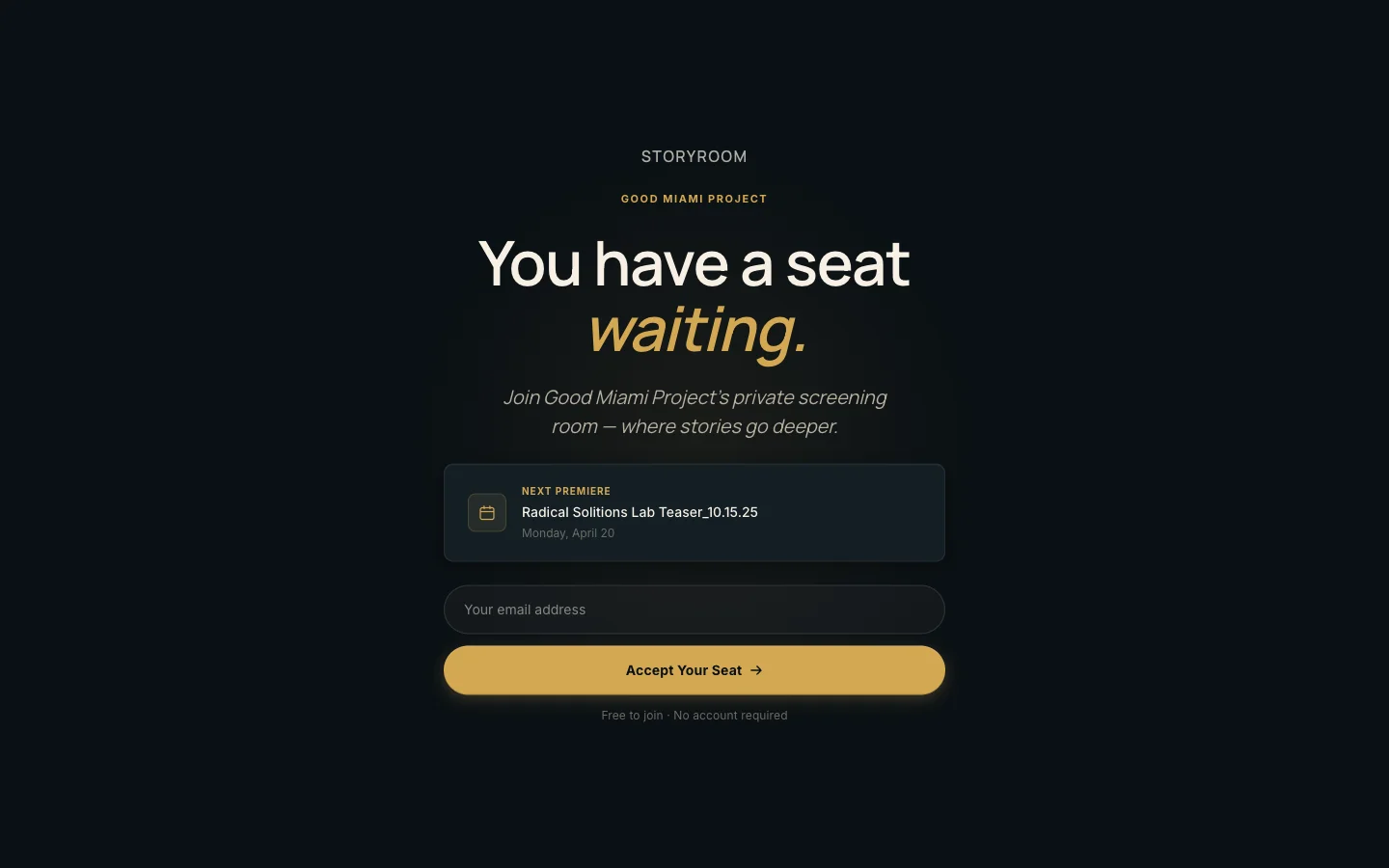 Supporter join page — You have a seat waiting, private screening room invitation